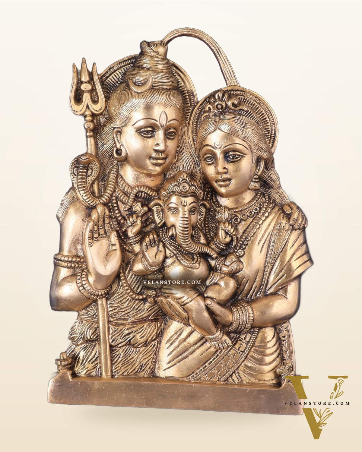 Brass Lord Shiva and Goddess Parvati with Baby Ganesha Wall Hanging – Auspicious 11.5"