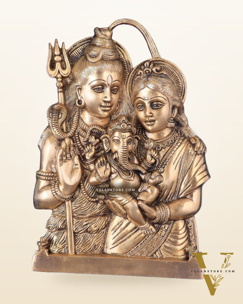 Brass Lord Shiva and Goddess Parvati with Baby Ganesha Wall Hanging – Auspicious 11.5"