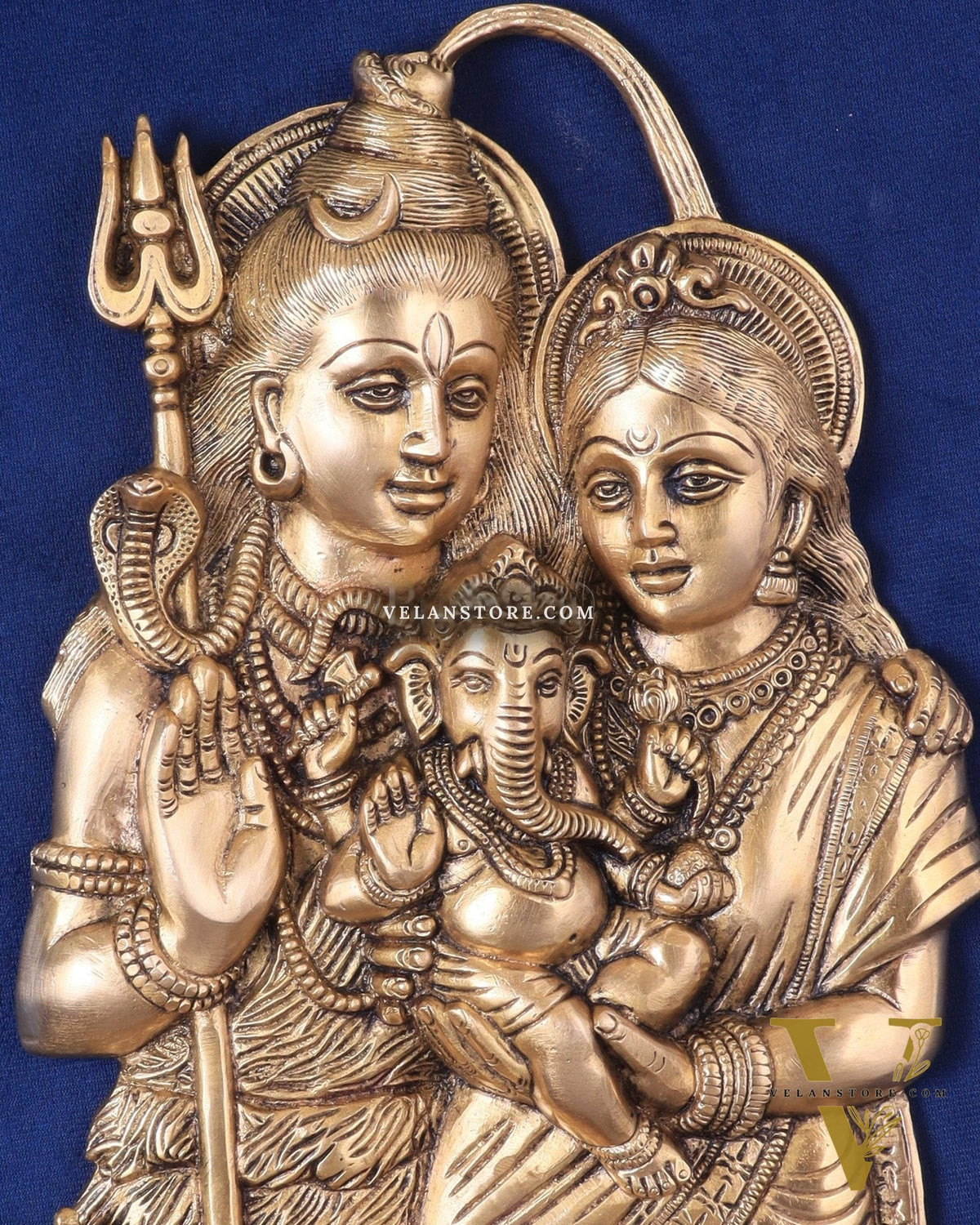 Brass Lord Shiva and Goddess Parvati with Baby Ganesha Wall Hanging – Auspicious 11.5"