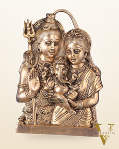 Brass Lord Shiva and Goddess Parvati with Baby Ganesha Wall Hanging – Auspicious 11.5"