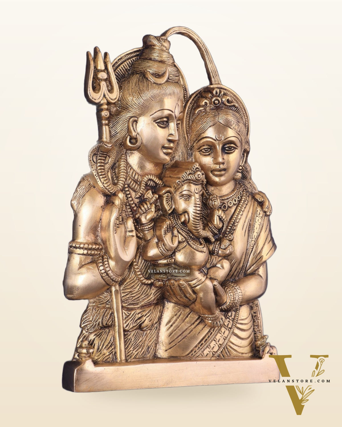 Brass Lord Shiva and Goddess Parvati with Baby Ganesha Wall Hanging – Auspicious 11.5"