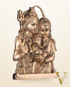 Brass Lord Shiva and Goddess Parvati with Baby Ganesha Wall Hanging – Auspicious 11.5"