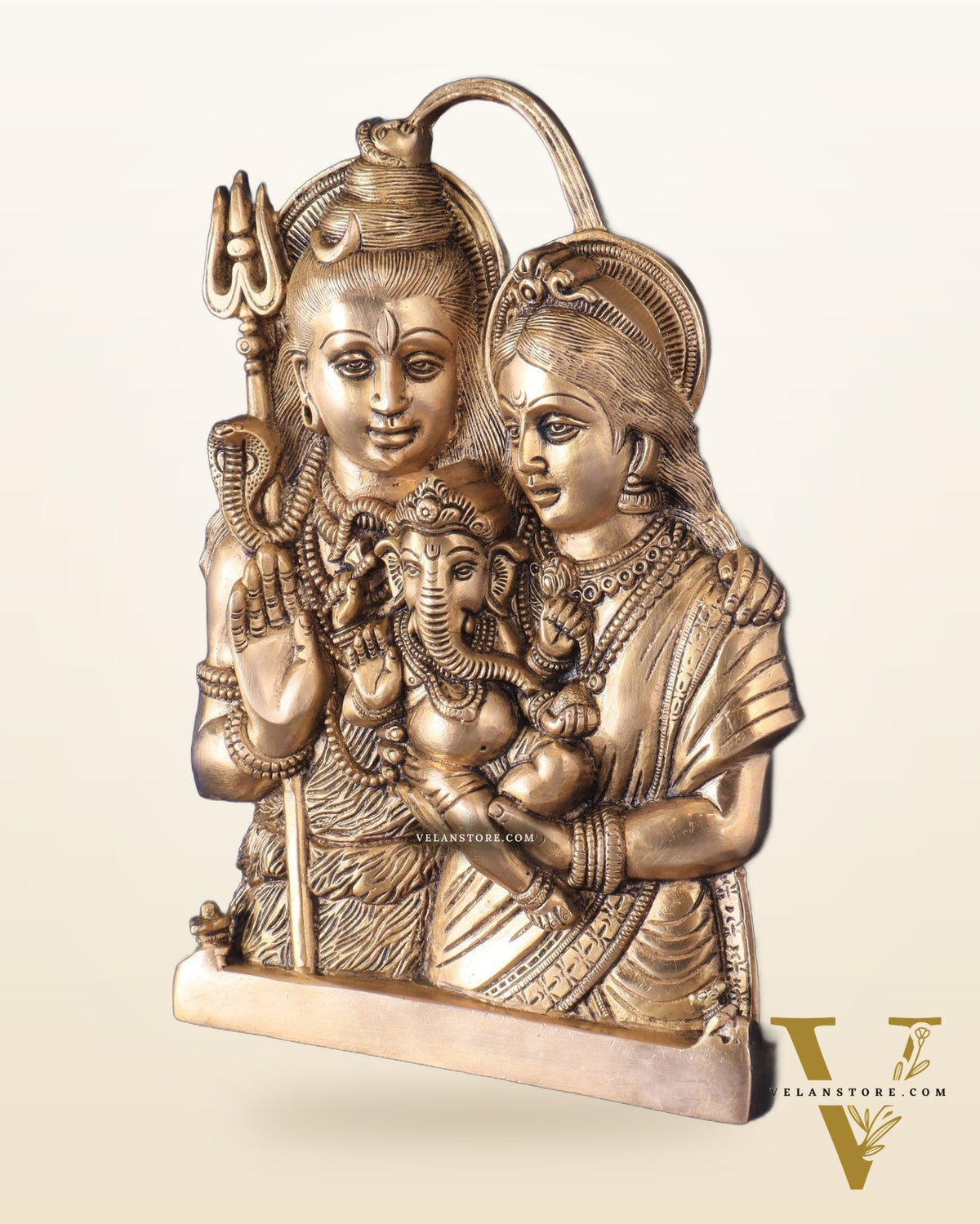 Brass Lord Shiva and Goddess Parvati with Baby Ganesha Wall Hanging – Auspicious 11.5"