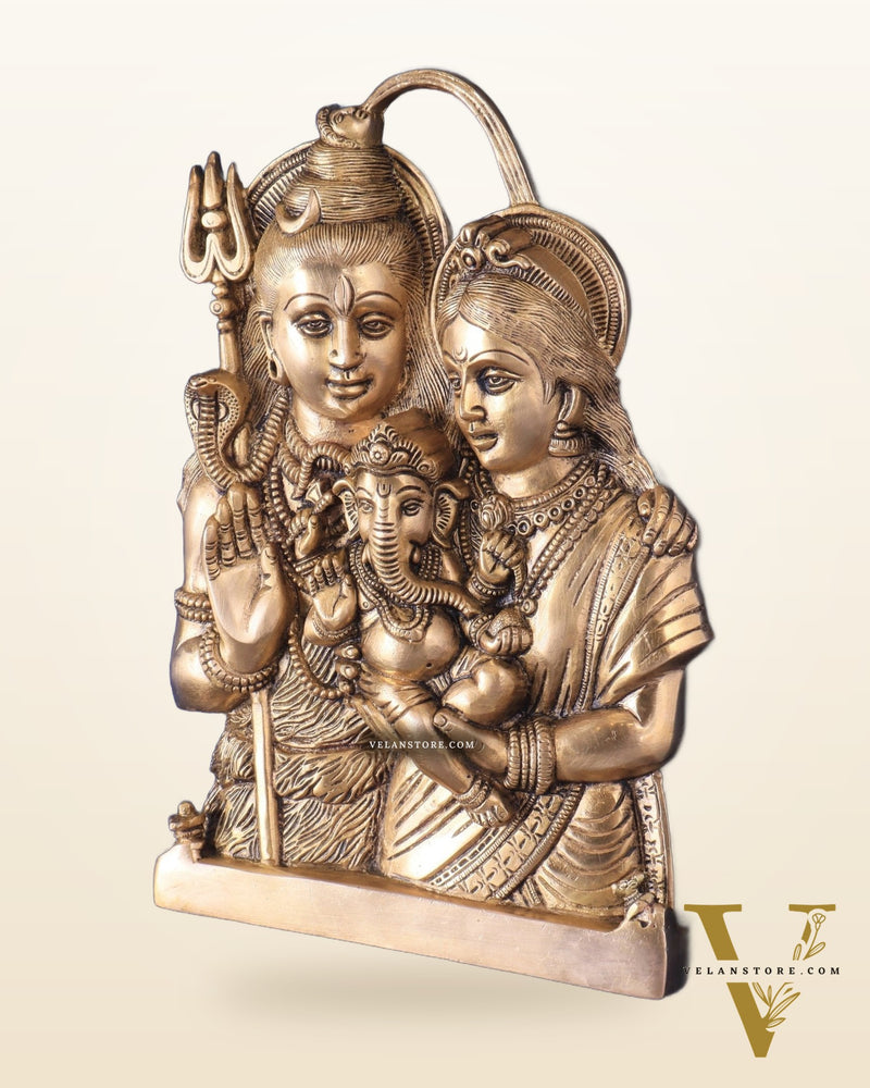 Brass Lord Shiva and Goddess Parvati with Baby Ganesha Wall Hanging – Auspicious 11.5"