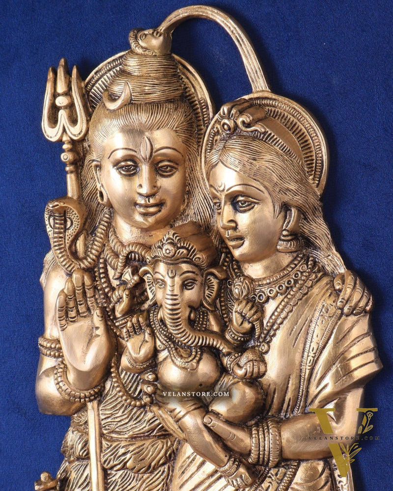 Brass Lord Shiva and Goddess Parvati with Baby Ganesha Wall Hanging – Auspicious 11.5"