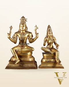 Brass Lord Shiva and Parvati Seated Idols 14.5"