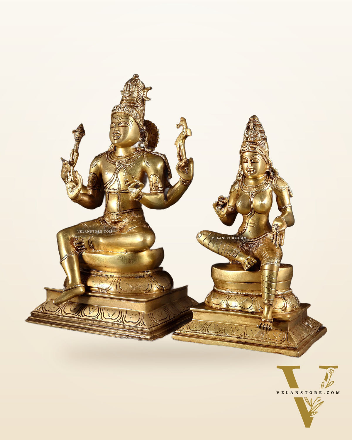 Brass Lord Shiva and Parvati Seated Idols 14.5"