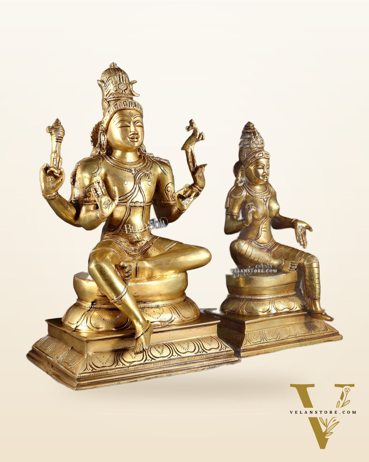 Brass Lord Shiva and Parvati Seated Idols 14.5"