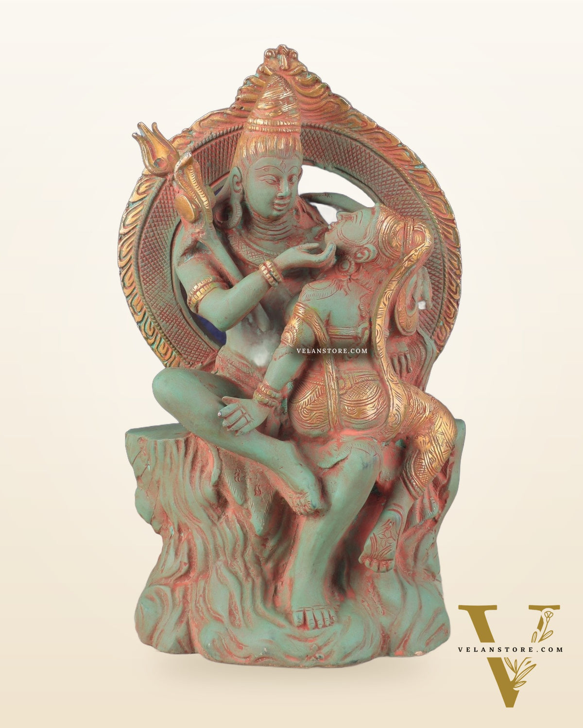 Brass Lord Shiva and Parvati Statue | Antique Green Patina | 12.7"