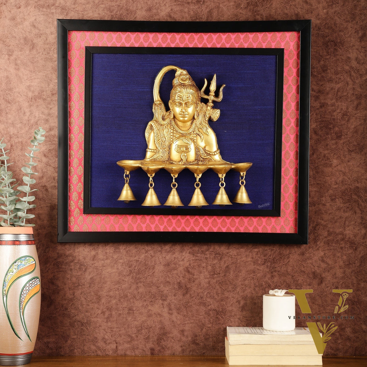 Brass Lord Shiva Diya on Wooden Frame with Premium Fabric | 19 Inch Wall Hanging