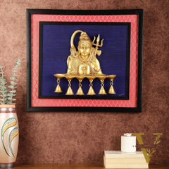 Brass Lord Shiva Diya on Wooden Frame with Premium Fabric | 19 Inch Wall Hanging