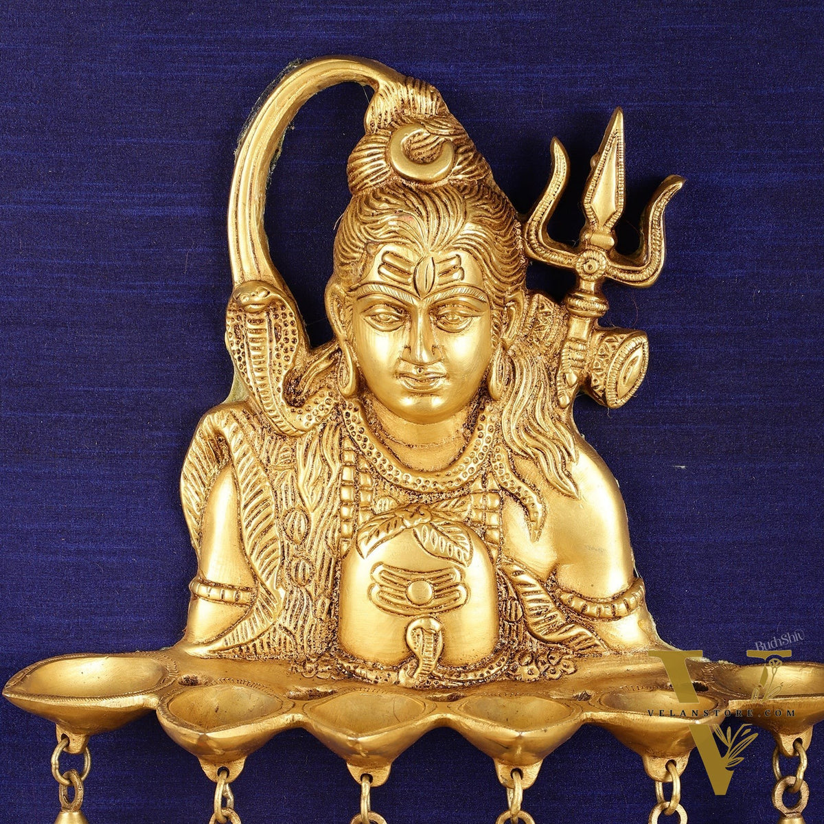 Brass Lord Shiva Diya on Wooden Frame with Premium Fabric | 19 Inch Wall Hanging