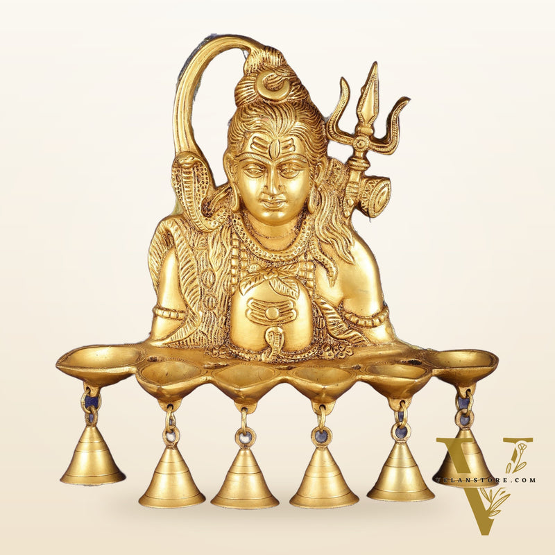 Brass Lord Shiva Diya on Wooden Frame with Premium Fabric | 19 Inch Wall Hanging