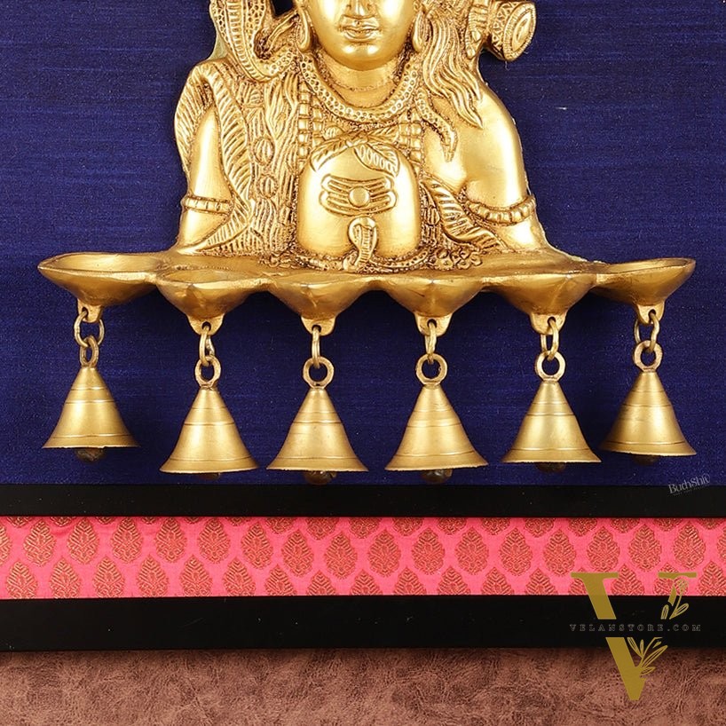 Brass Lord Shiva Diya on Wooden Frame with Premium Fabric | 19 Inch Wall Hanging