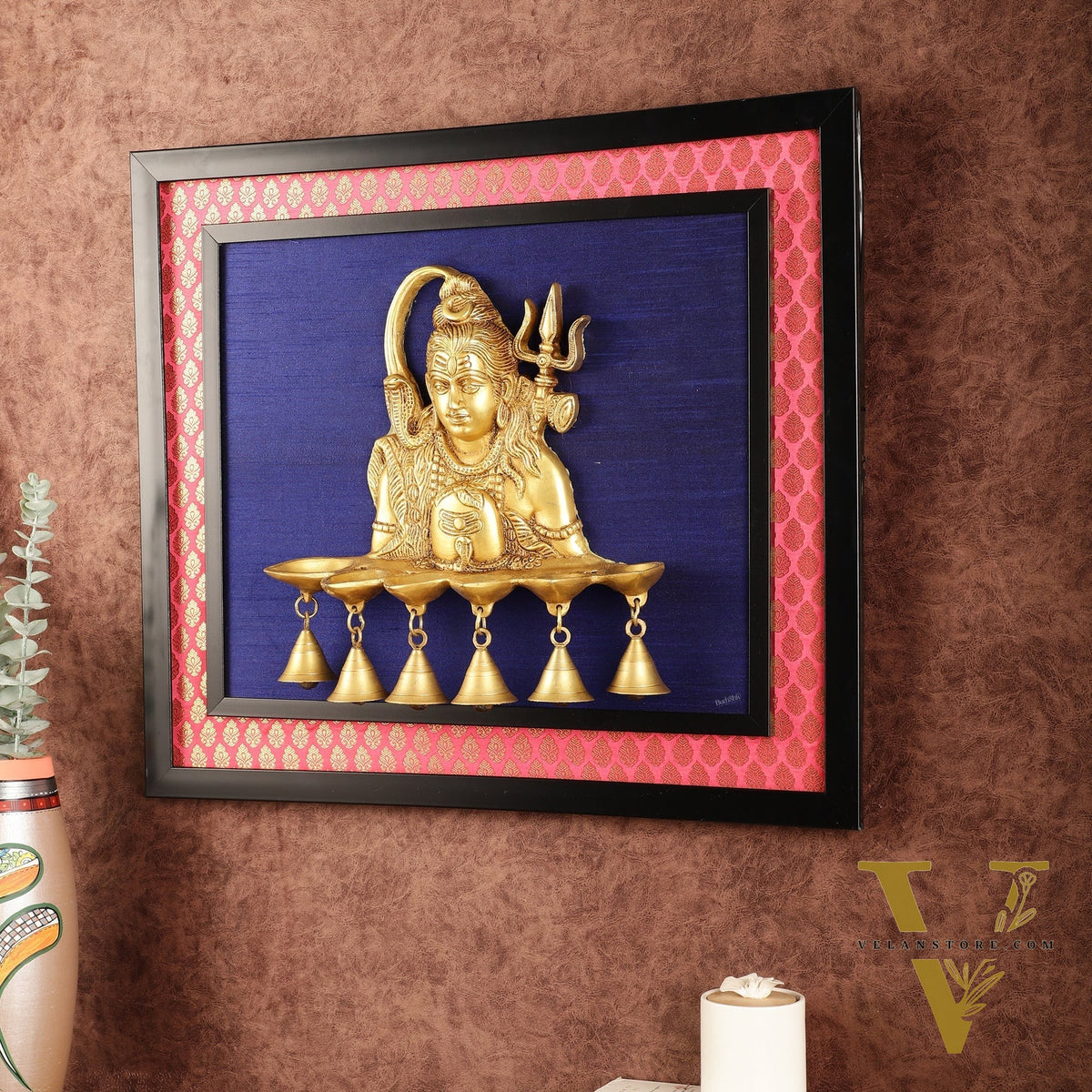 Brass Lord Shiva Diya on Wooden Frame with Premium Fabric | 19 Inch Wall Hanging