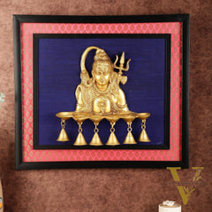 Brass Lord Shiva Diya on Wooden Frame with Premium Fabric | 19 Inch Wall Hanging
