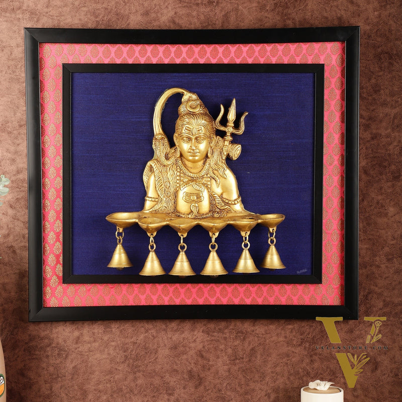 Brass Lord Shiva Diya on Wooden Frame with Premium Fabric | 19 Inch Wall Hanging