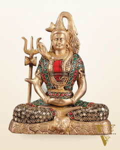 Brass Lord Shiva in Meditation Statue 8" meenakari Stonework