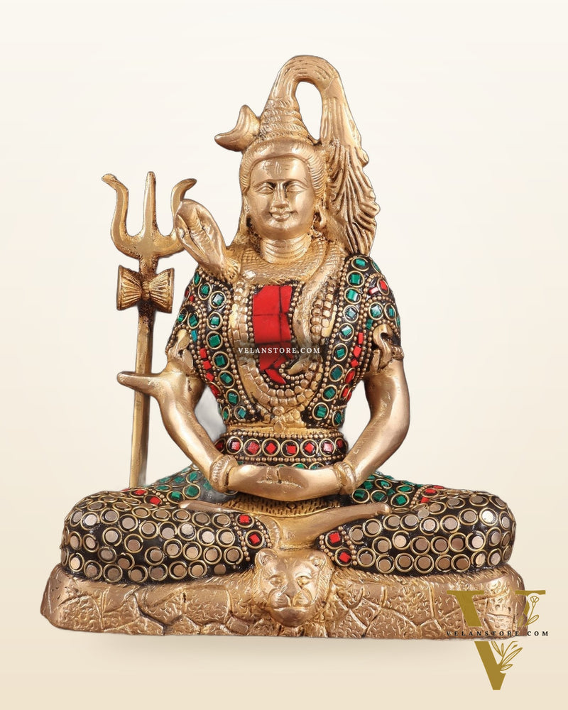 Brass Lord Shiva in Meditation Statue 8" meenakari Stonework