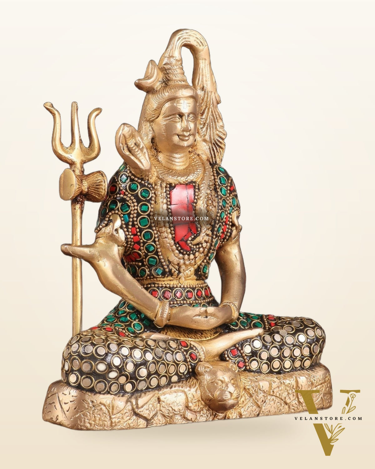 Brass Lord Shiva in Meditation Statue 8" meenakari Stonework