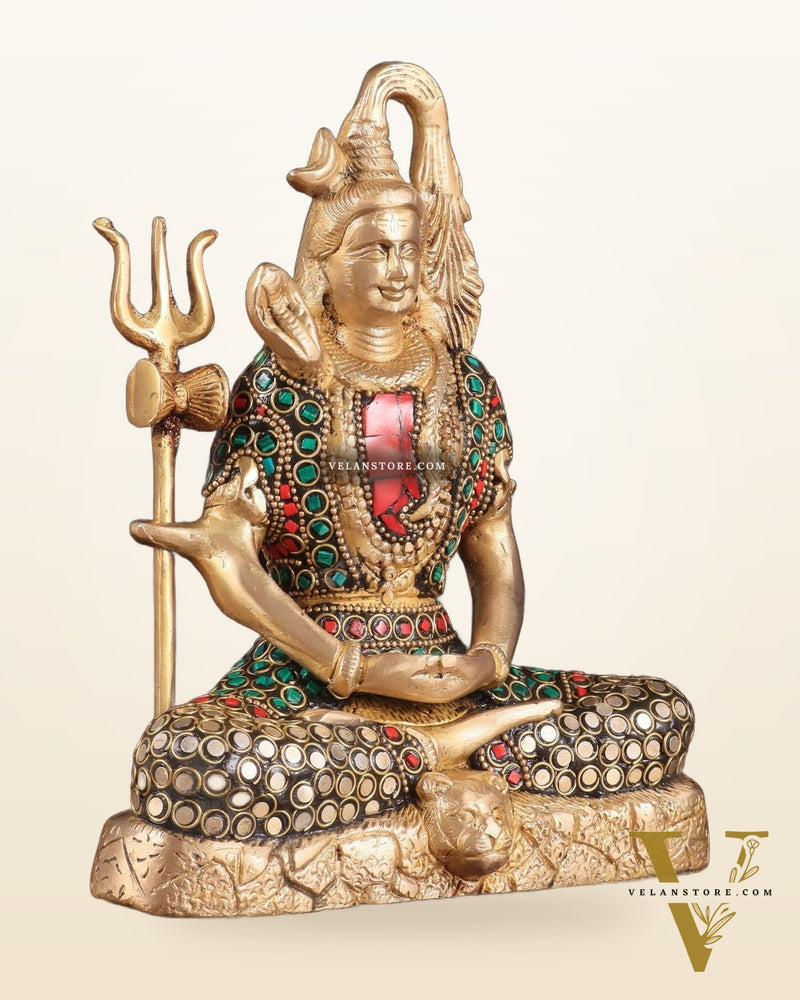 Brass Lord Shiva in Meditation Statue 8" meenakari Stonework