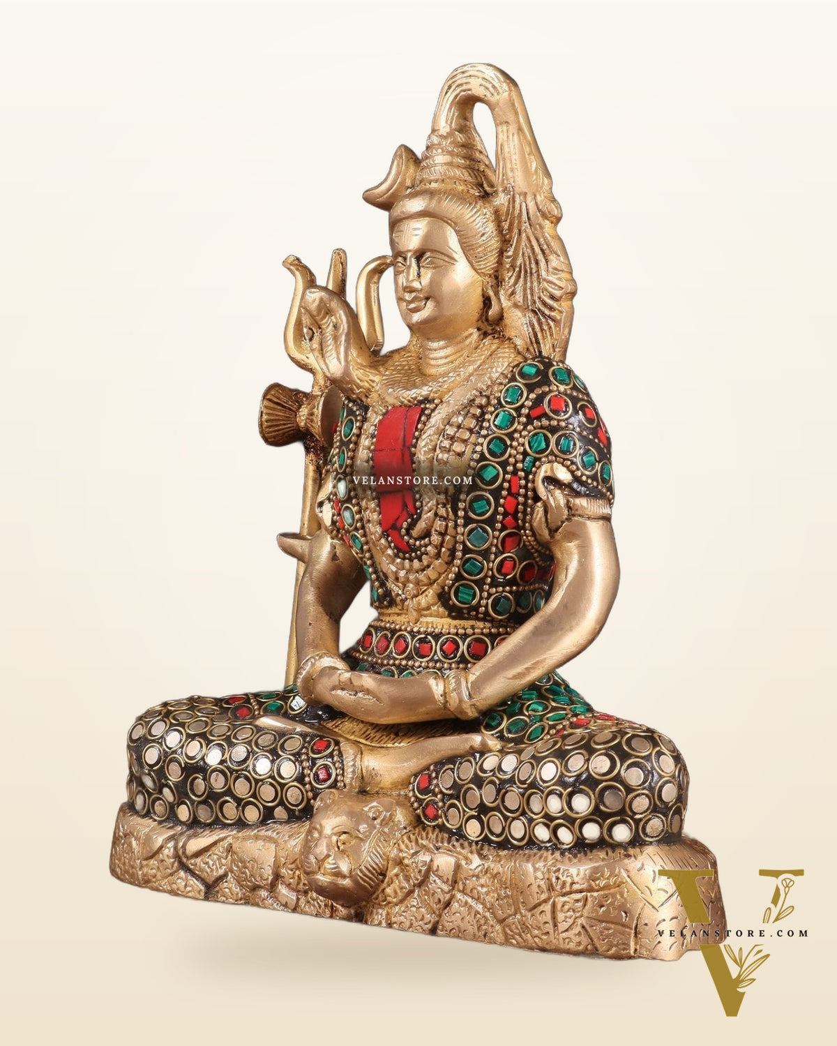 Brass Lord Shiva in Meditation Statue 8" meenakari Stonework