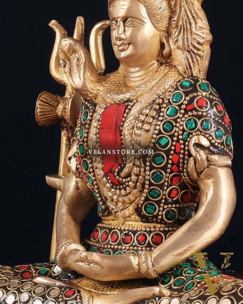 Brass Lord Shiva in Meditation Statue 8" meenakari Stonework