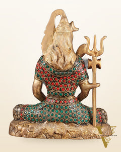 Brass Lord Shiva in Meditation Statue 8" meenakari Stonework