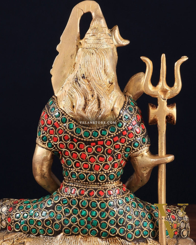 Brass Lord Shiva in Meditation Statue 8" meenakari Stonework
