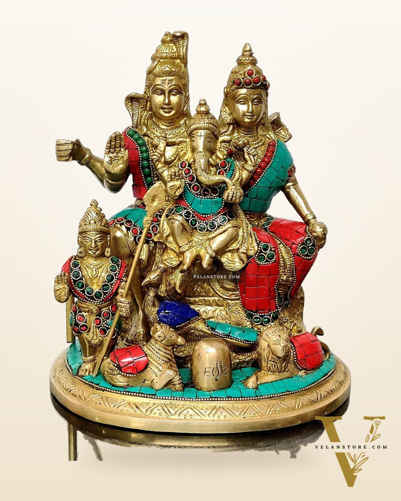 Brass Lord Shiva Parivaar Idol stonework 9.5 inch