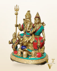 Brass Lord Shiva Parivaar Idol stonework 9.5 inch