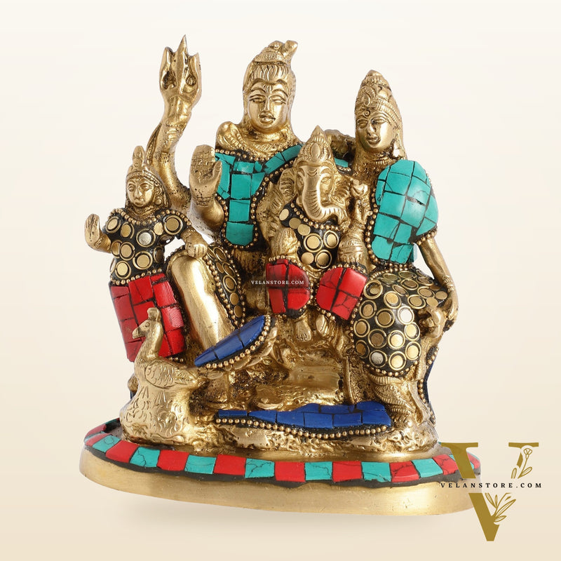 Brass Lord Shiva Parivaar Idol with Meenakari Stonework 6 inch
