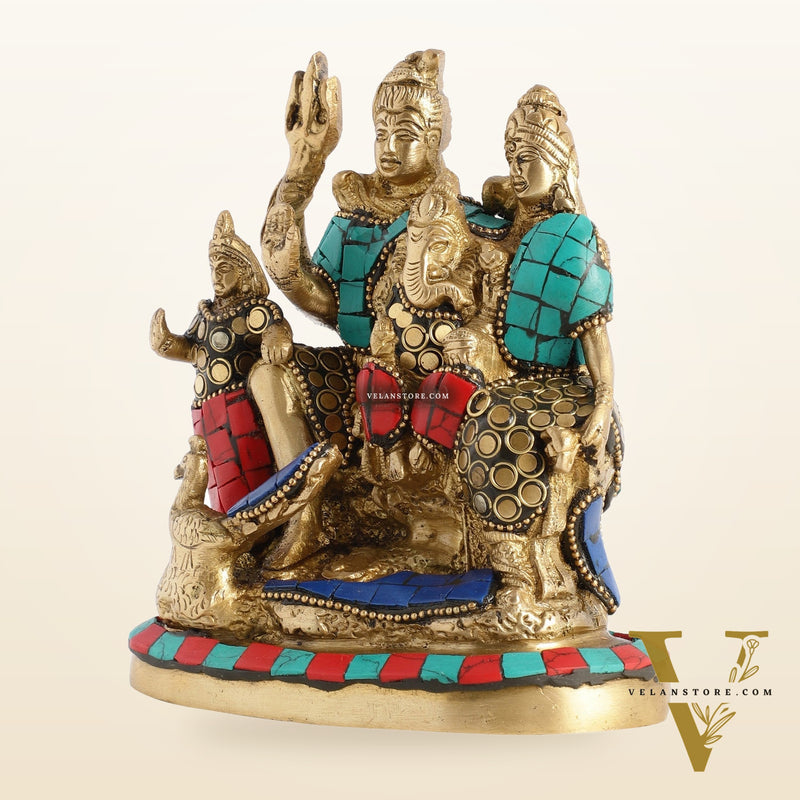 Brass Lord Shiva Parivaar Idol with Meenakari Stonework 6 inch