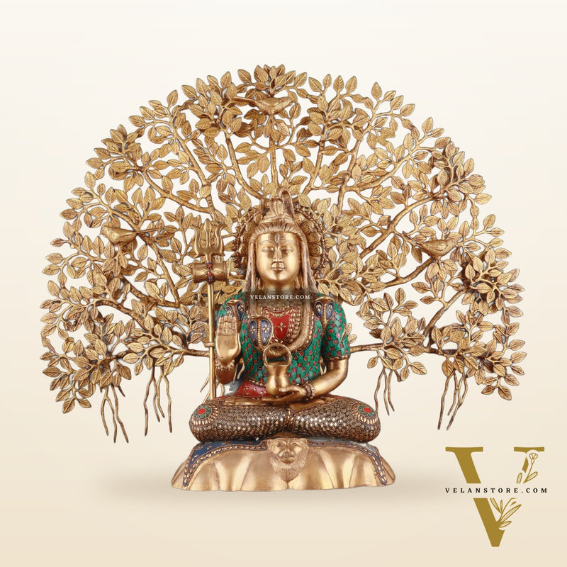 Brass Lord Shiva Statue & Kalpavriksha Tree – Divine Decor Combo