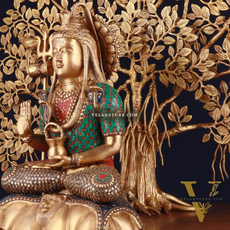 Brass Lord Shiva Statue & Kalpavriksha Tree – Divine Decor Combo
