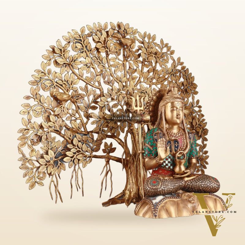 Brass Lord Shiva Statue & Kalpavriksha Tree – Divine Decor Combo