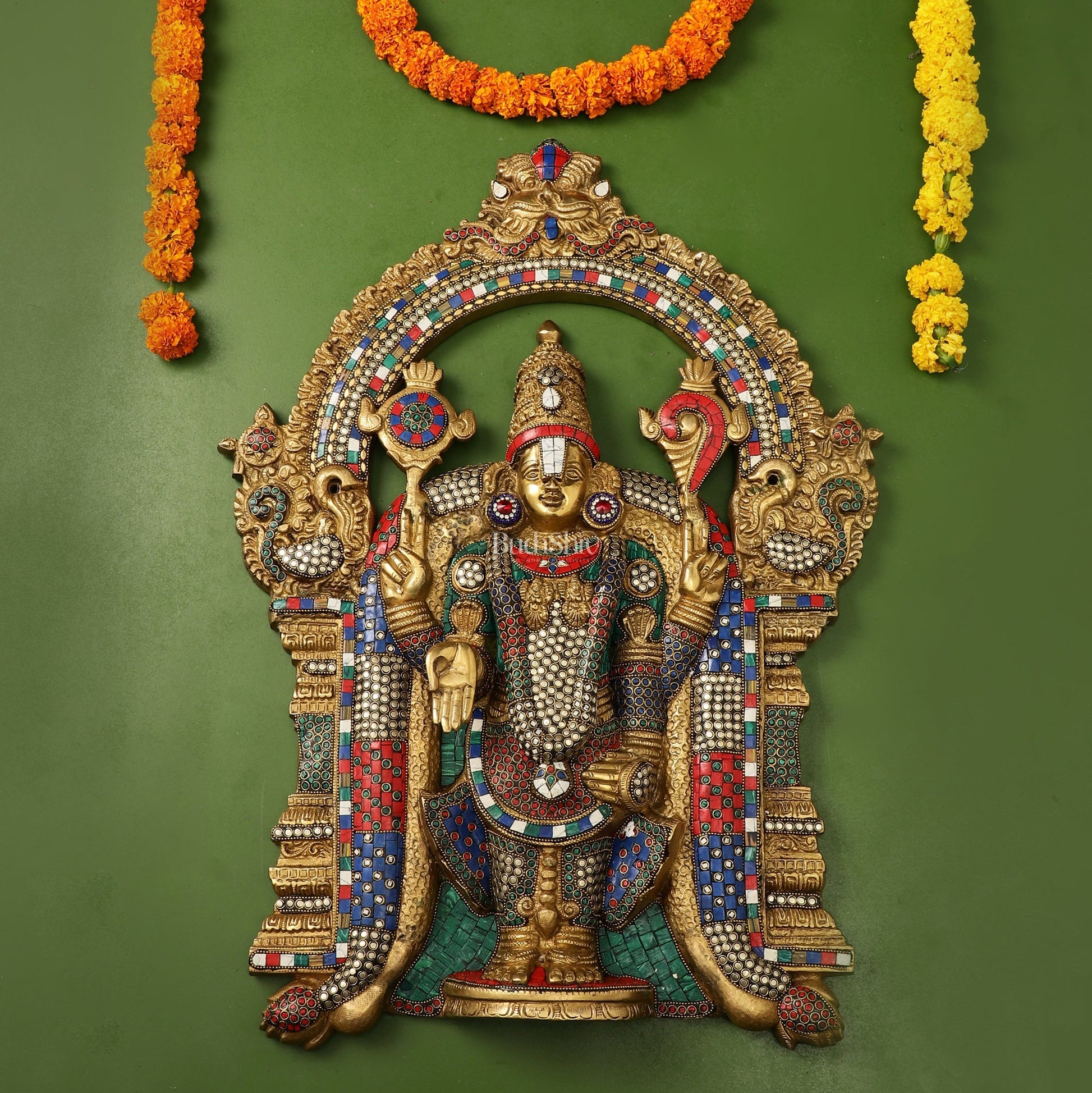 Brass Lord Venkateshwara Tirupati Balaji Wall Hanging - 26 Inch with stonework
