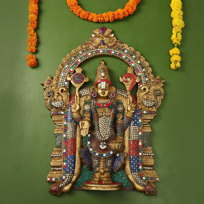 Brass Lord Venkateshwara Tirupati Balaji Wall Hanging - 26 Inch with stonework
