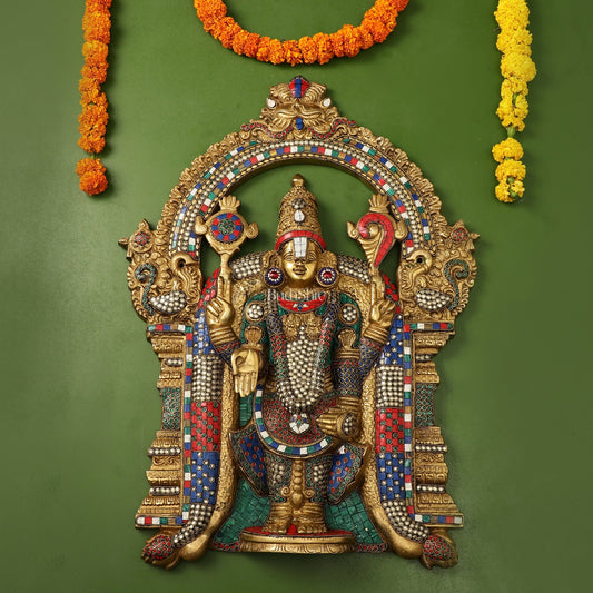 Brass Lord Venkateshwara Tirupati Balaji Wall Hanging - 26 Inch with stonework