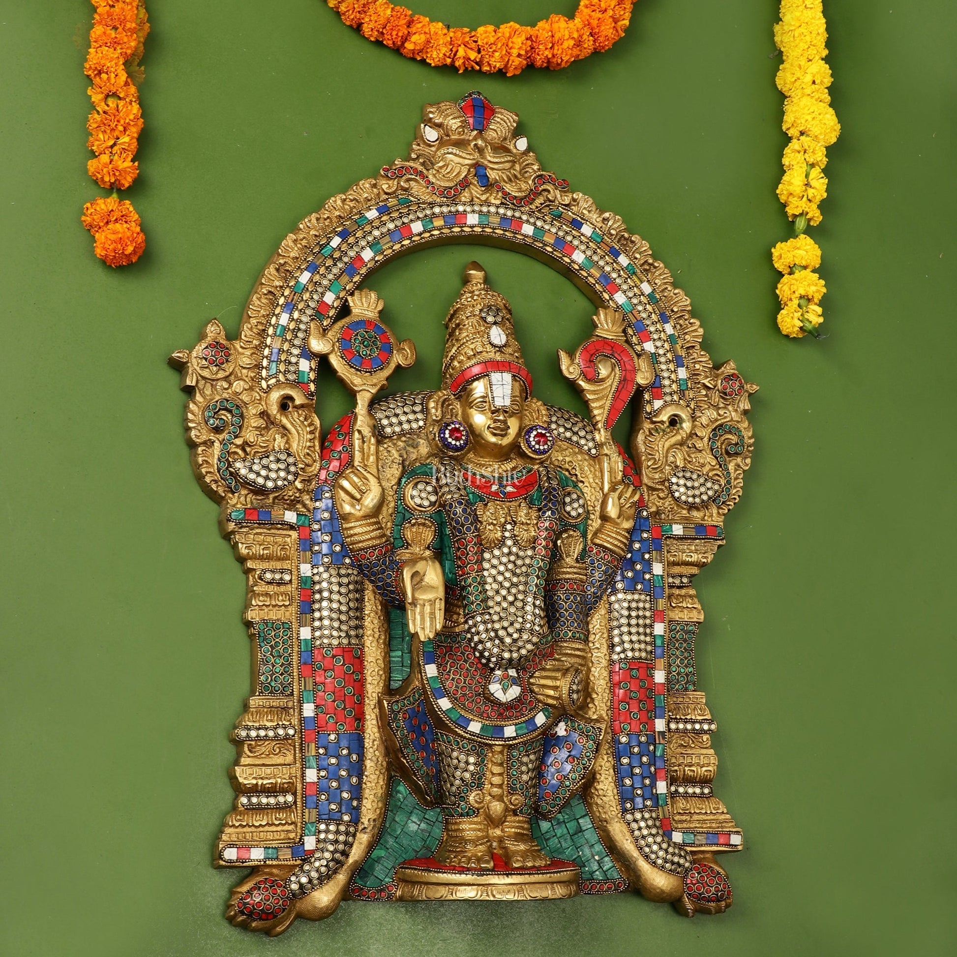 Brass Lord Venkateshwara Tirupati Balaji Wall Hanging - 26 Inch with stonework