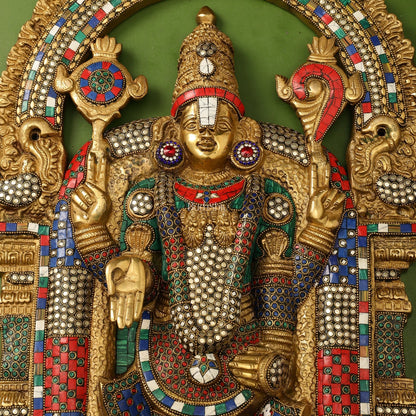 Brass Lord Venkateshwara Tirupati Balaji Wall Hanging - 26 Inch with stonework