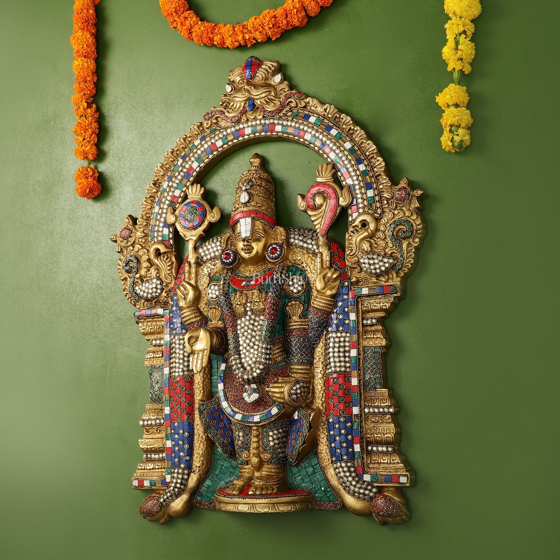 Brass Lord Venkateshwara Tirupati Balaji Wall Hanging - 26 Inch with stonework