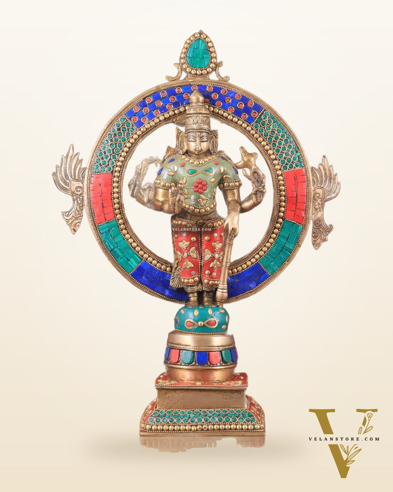 Brass Lord Vishnu Statue with Sudarshan Chakra Aura - 16.5 Inch meenakari