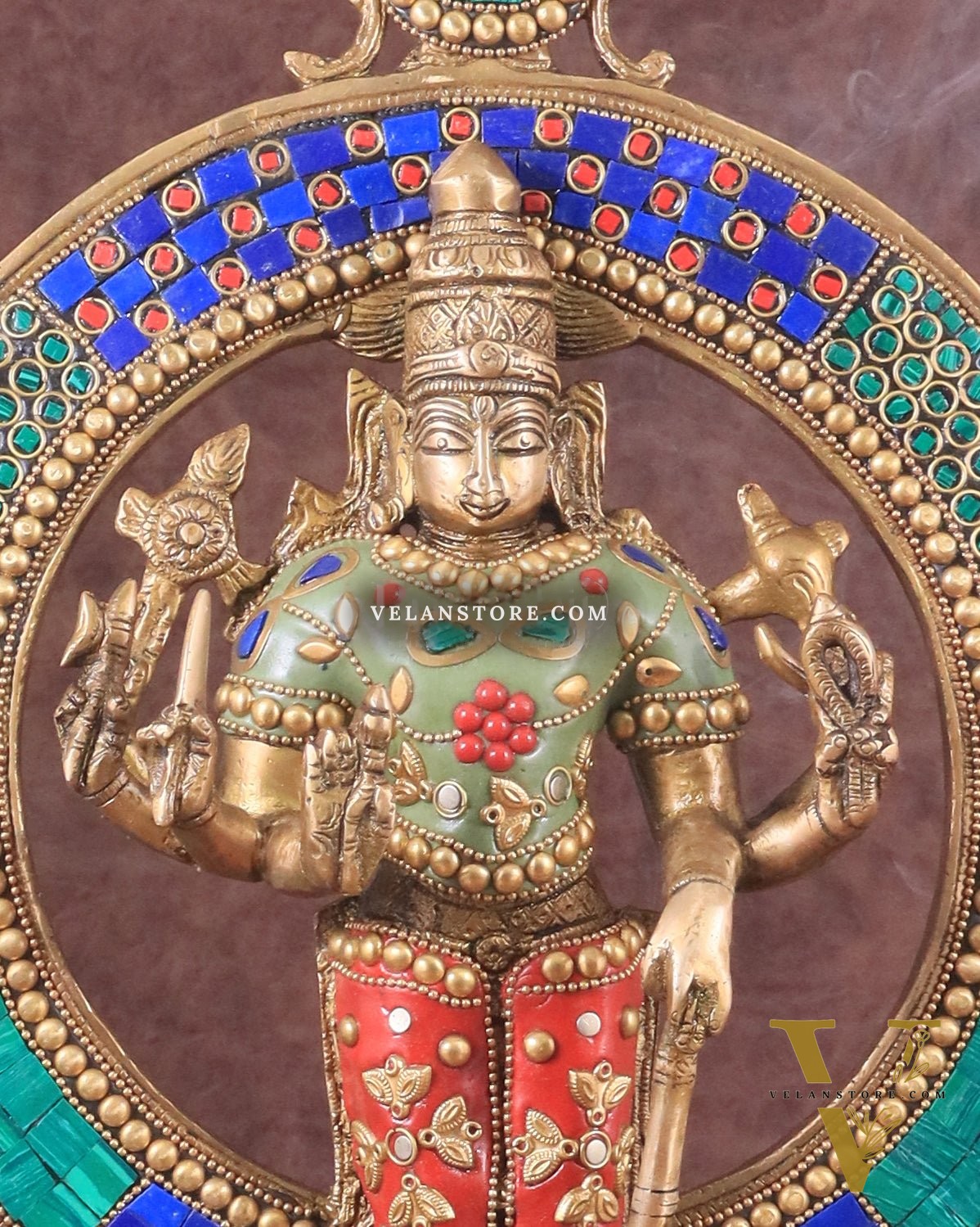 Brass Lord Vishnu Statue with Sudarshan Chakra Aura - 16.5 Inch meenakari