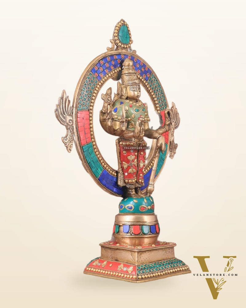 Brass Lord Vishnu Statue with Sudarshan Chakra Aura - 16.5 Inch meenakari