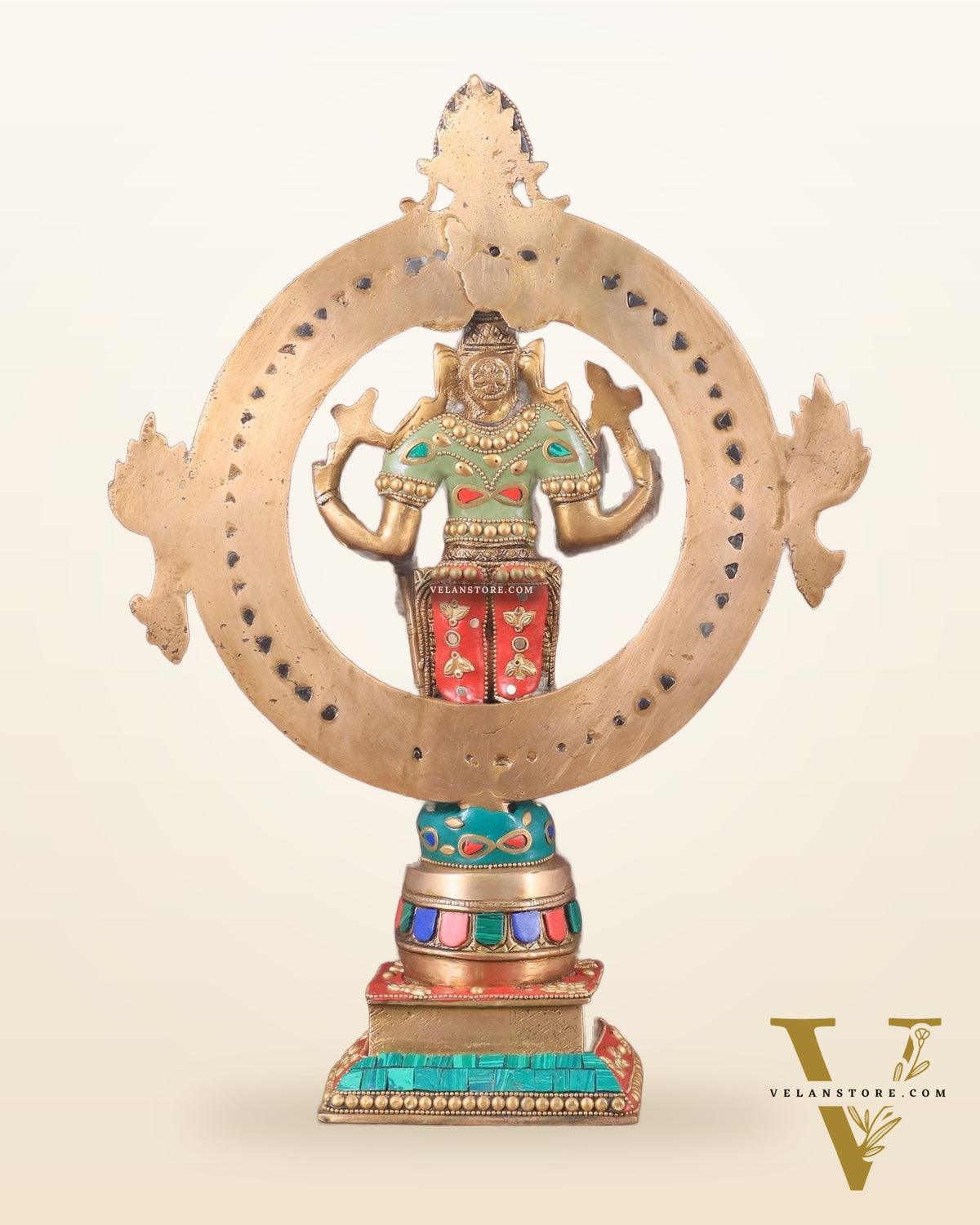 Brass Lord Vishnu Statue with Sudarshan Chakra Aura - 16.5 Inch meenakari
