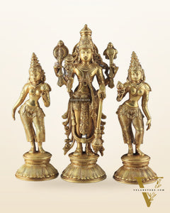Brass Lord Vishnu with Bhudevi and Sridevi Statues – Intricate Sculptures, 13"