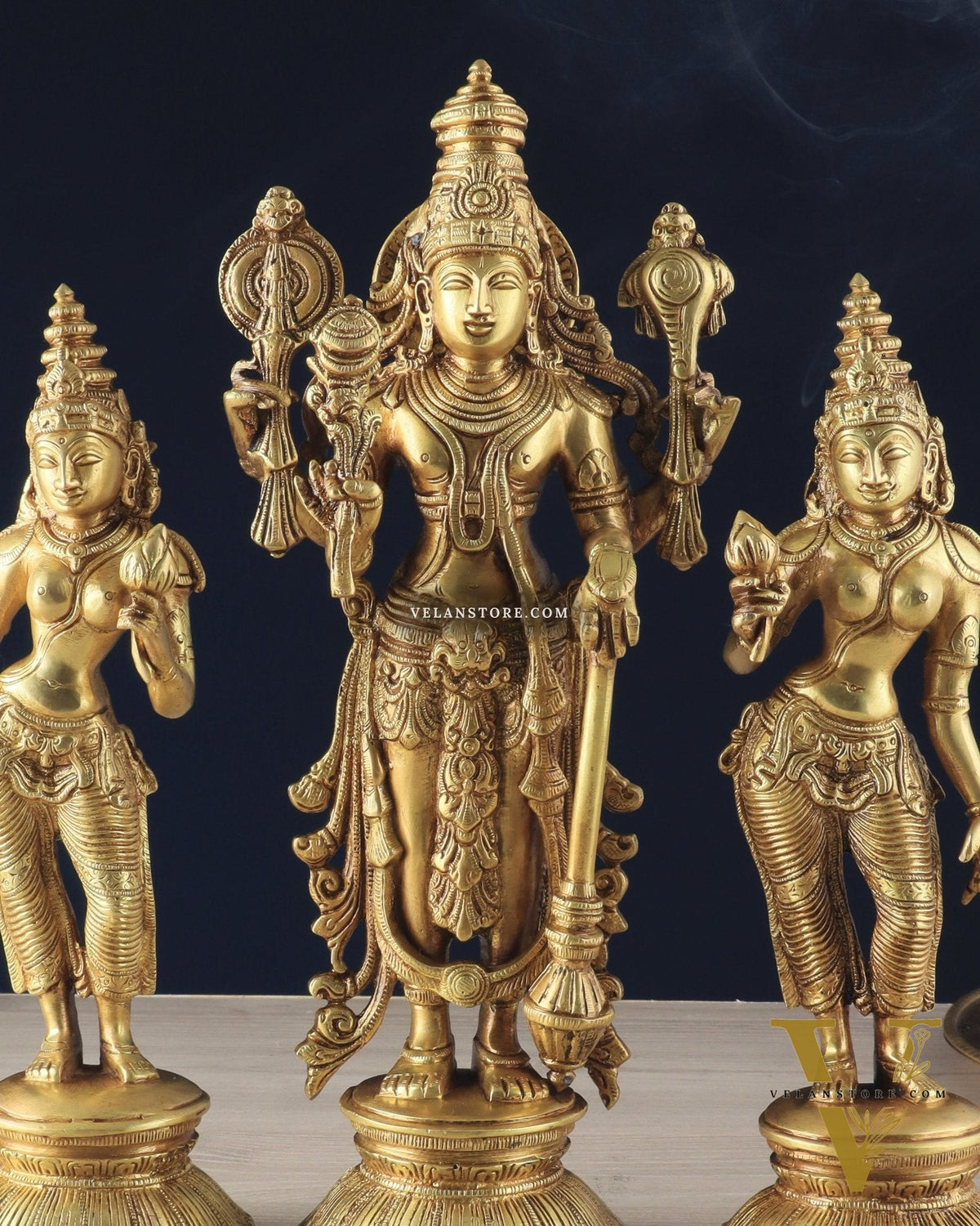Brass Lord Vishnu with Bhudevi and Sridevi Statues – Intricate Sculptures, 13"