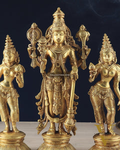 Brass Lord Vishnu with Bhudevi and Sridevi Statues – Intricate Sculptures, 13"