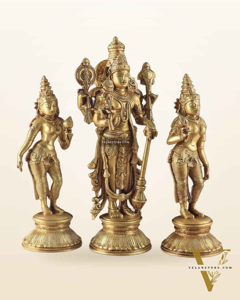 Brass Lord Vishnu with Bhudevi and Sridevi Statues – Intricate Sculptures, 13"